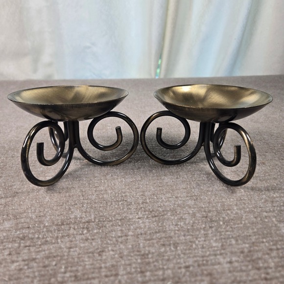 Other - Set of 2 Bronze Gold Scroll Metal Pillar Candle Holders Brushed Finish 3.5in